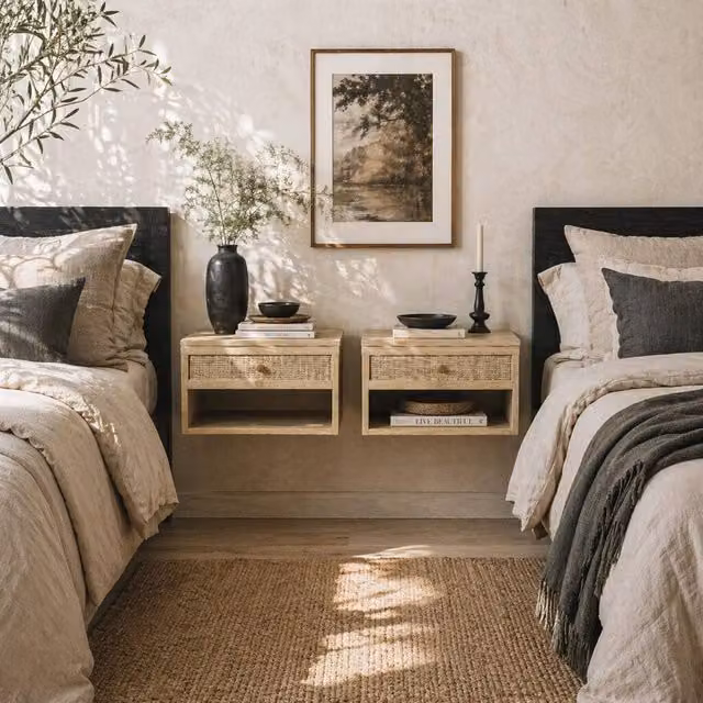 Wyld Haus Tovelu Set of 2 Wall Mounted Wood Effect Floating Bedside Tables with Rattan Panels in Sand and Beige