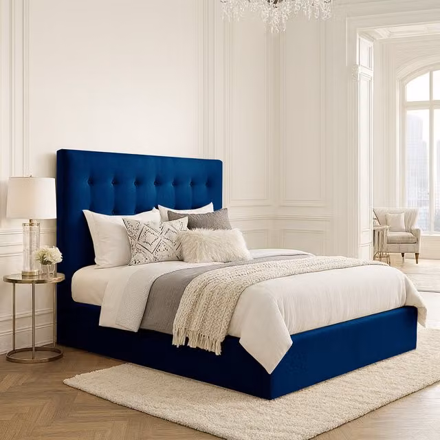 Desire Deco Serena Upholstered Velvet Bed Frame, Blue, Superking, 200 x 200 cm