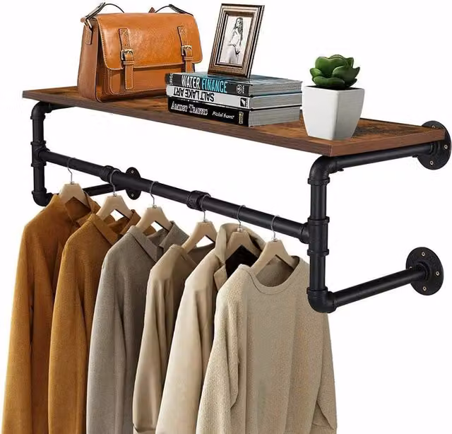 FLAVORA Rustic Industrial Black Matt Metal and Wood Continuous Linear Clothes Rail, Width: 60 cm – 1