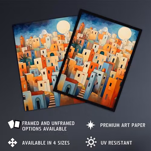 Artery8 Abstract Morocco Cityscape Unframed Wall Art Paper Poster in Orange and Blue – 2