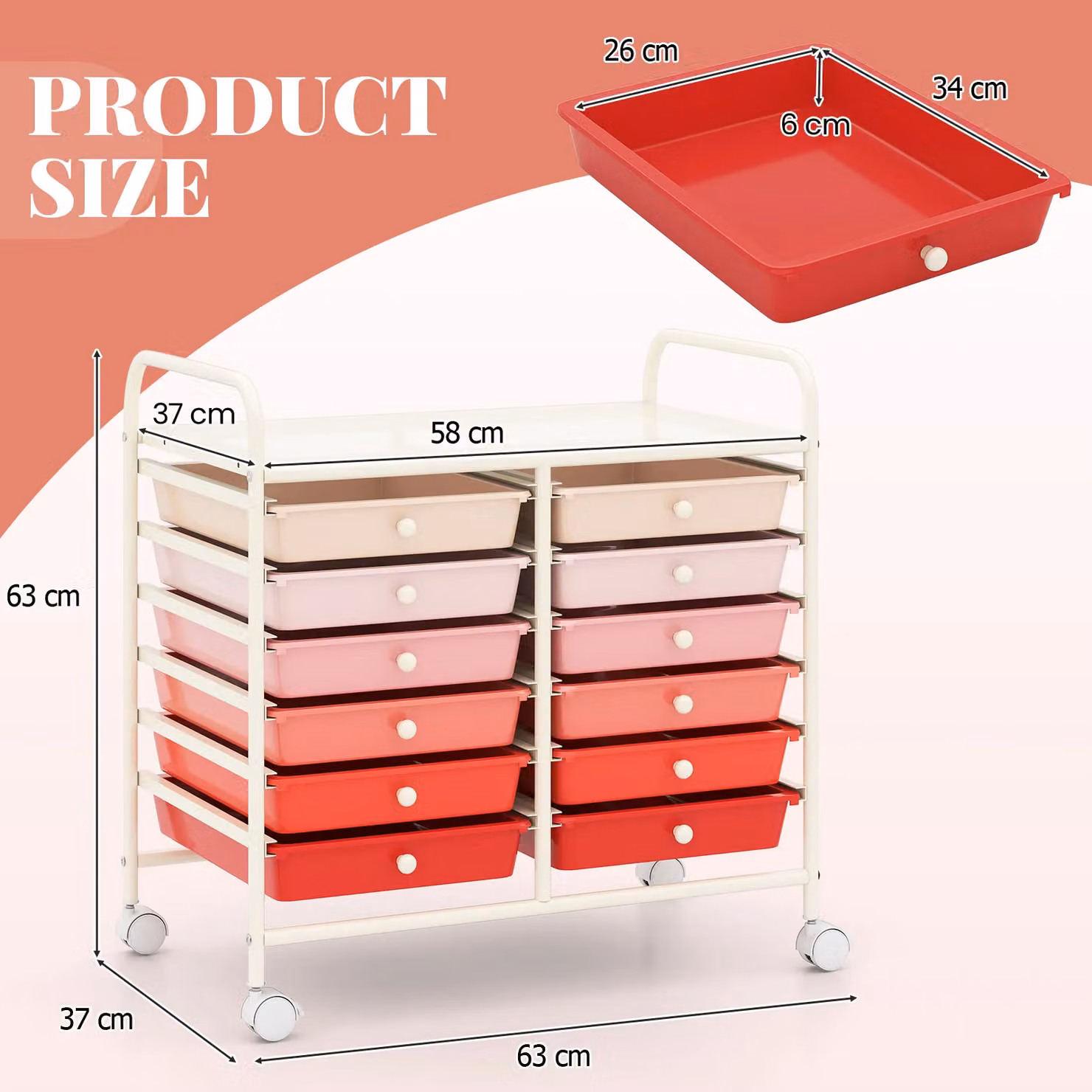 Gymax 12-Drawer Multi-Purpose Utility Rolling Storage Cart with Handles in Pink – 3