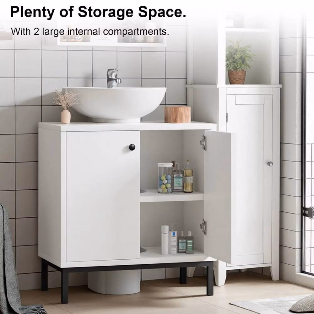 NESTLUNE White Modern Freestanding Under Sink Bathroom Storage Cabinet with Internal Shelves and Hinged Doors – 5