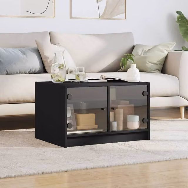 Berkfield Home Modern Black Coffee Table with Glass Doors W: 68 cm, D: 50 cm, H: 42 cm