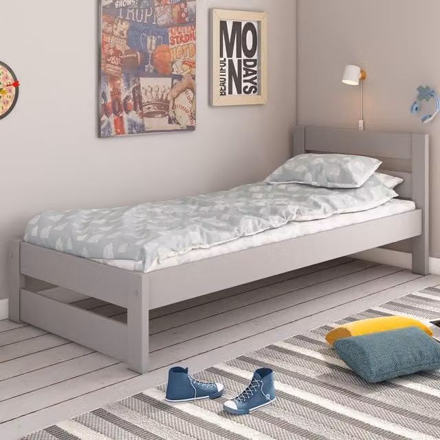 Noomi Tera Modern Single Bed in Grey Lacquered Pine, 90 x 200 cm