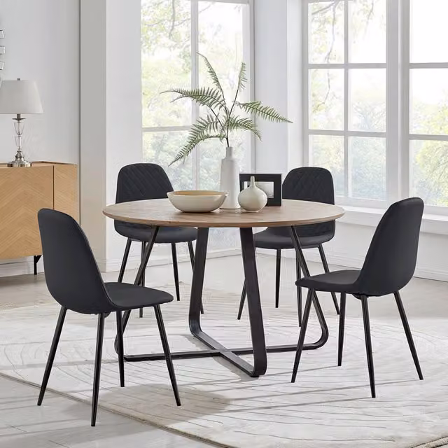 FurnitureboxUK Santorini Brown Round Dining Table and 4 Corona Black Leg Chairs, Diameter: 120 cm