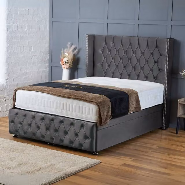 BSSPOKE Mayfair Ottoman Divan Bed in Grey Plush Velvet with 54 inch Headboard, W/D/H: 120 x 200 cm