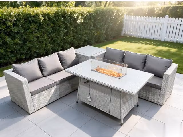 Fimous L-Shape Corner Rattan Garden Furniture Set with Fire Pit, 3-Seater Sofa and Coffee Table in Grey