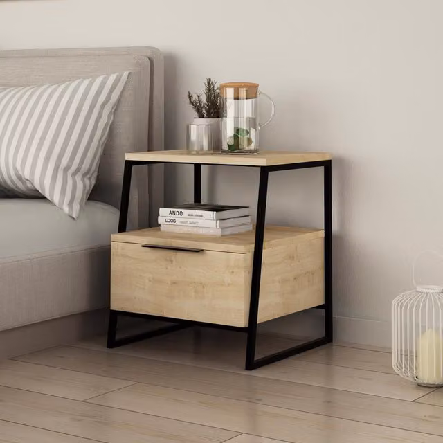 FWStyle Modern 1 Door Bedside Table Cabinet in Natural Oak