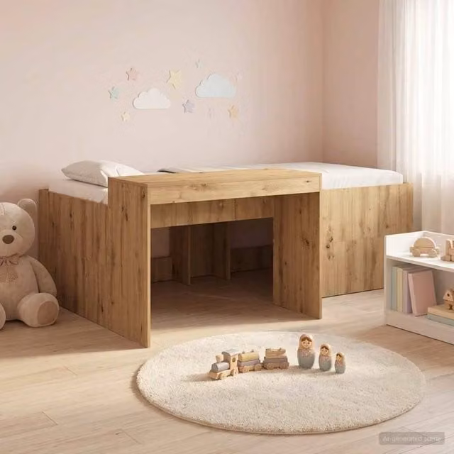 Berkfield Home Kids High Bed Frame with Desk in Artisan Oak Brown, W/D/H: 90 x 200 cm – 1