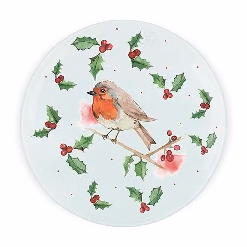 Purely Home Christmas Robins Round Glass Worktop Protector with Non-Slip Feet, Multicolour, Diameter: 30 cm