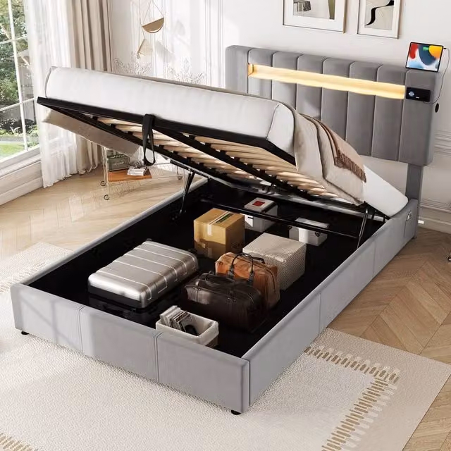 BTM Grey Velvet Bed with Bluetooth, 7-Colour LED Lighting, USB Charging Port and Hydraulic Lift-Up Base, W/D/H: 135 x 190 x 43.5 cm