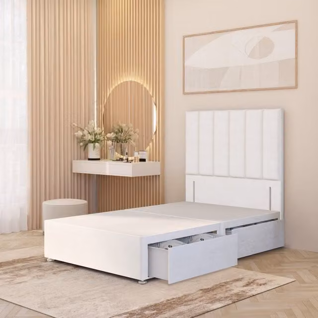 Somnior Beds Ltd White Velvet Upholstered Divan Bed Frame with Headboard and Drawers, W/D/H: 140 x 200 x 34.5 cm