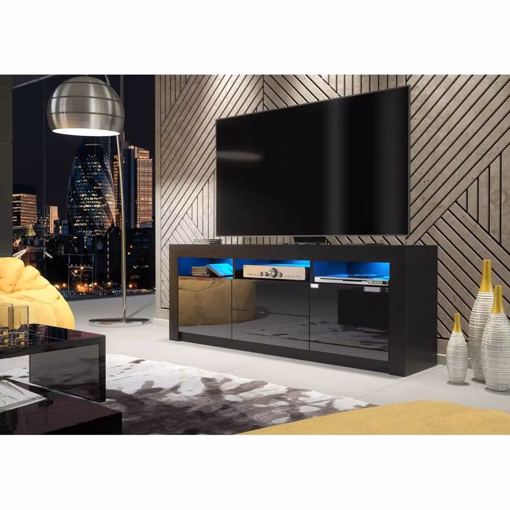 FORGEVIO Modern Black TV Stand Cabinet with Matt Body and Gloss Doors – 2