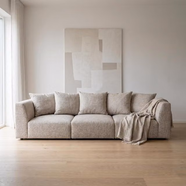 Abakus Direct Tokyo 5 Seater Upholstered Sofa in Grey and Beige Fabric with Scatter Cushions