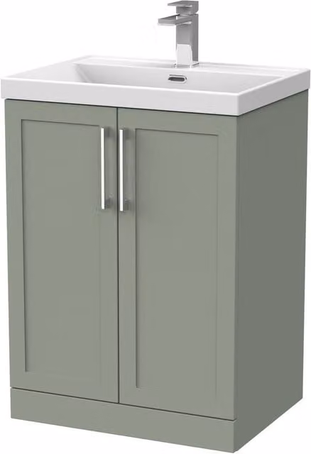 Balterley Stonnall Traditional Floor Standing 2 Door Vanity Unit with Thin Edge Ceramic Basin, Reed Green, W: 60 cm, H: 85 cm, D: 46 cm