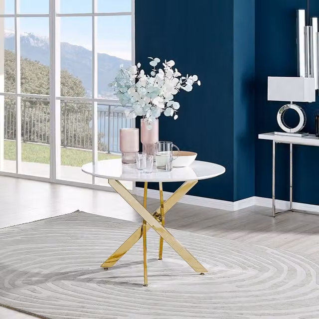 FurnitureboxUK Novara Round White High Gloss Dining Table with Gold Metal X-Frame Legs, Diameter: 100 cm