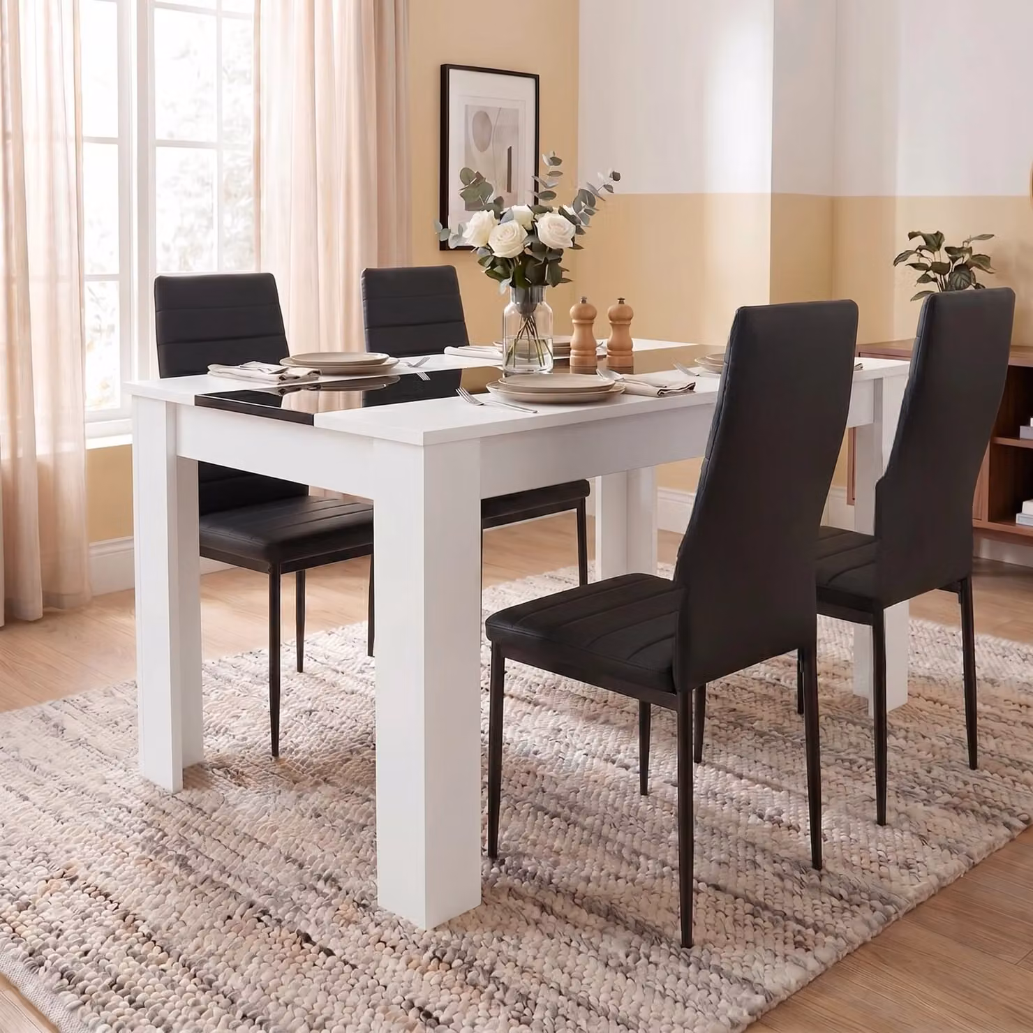 DHS Modern Glossy Rectangular Dining Table and 4 Chairs Set in White, Black and Grey
