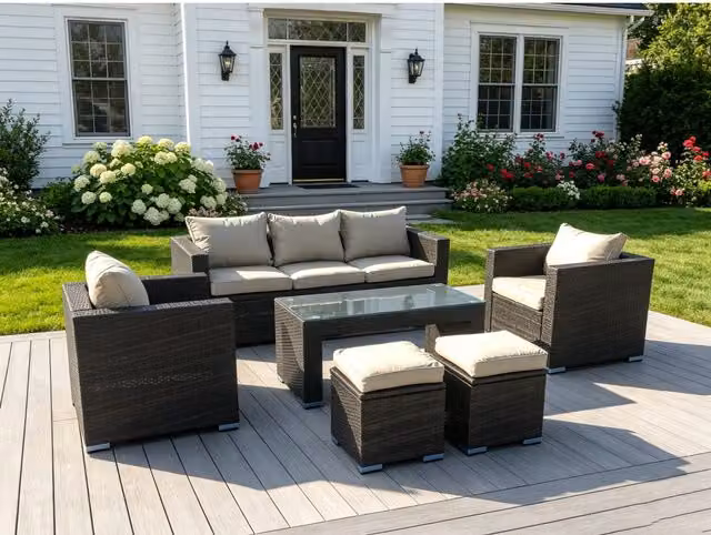 Fimous Dark Brown Wicker Rattan Patio Sofa Set with Coffee Table and Stools