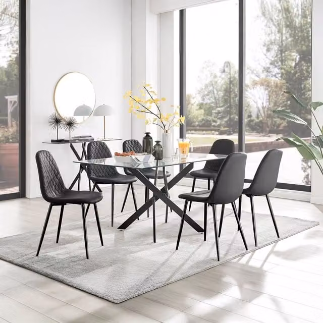 FurnitureboxUK Leonardo Black Leg Glass Dining Table with 6 Corona Black Leg Chairs in Black and Transparent