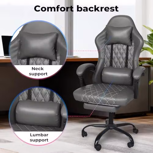 Levede Ergonomic Gaming Chair in Grey with Headrest, Adjustable Lumbar Support and Footrest – 12