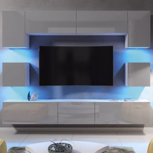 Creative Furniture Panorama Wall TV Unit with Integrated LED Lighting in White, Grey and Multicolour Glossy Finish – 1