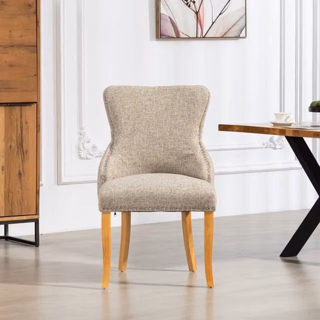 Artemis Home Set of 2 Classic Fabric Dining Chairs in Brown and Beige with Wood Upholstered Frame