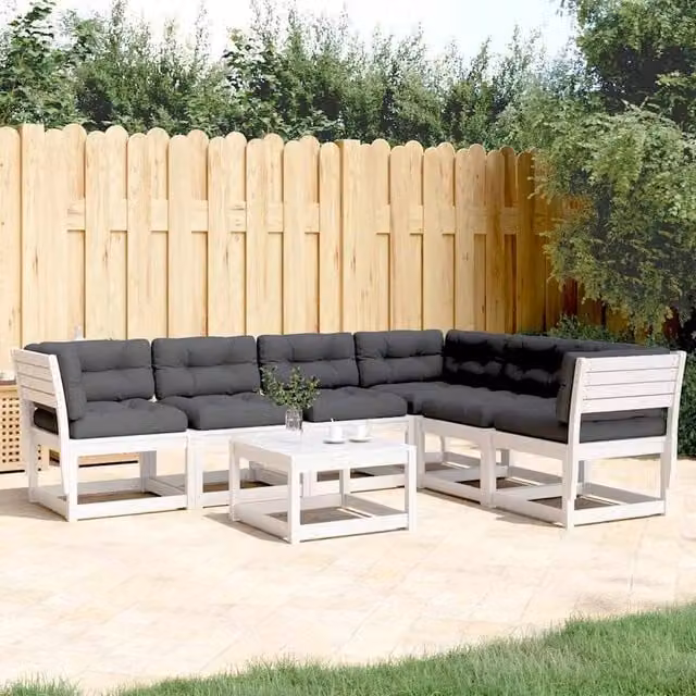 Berkfield Home 6 Piece L-Shape Garden Sofa Set with Cushions in White Solid Pine Wood – 1