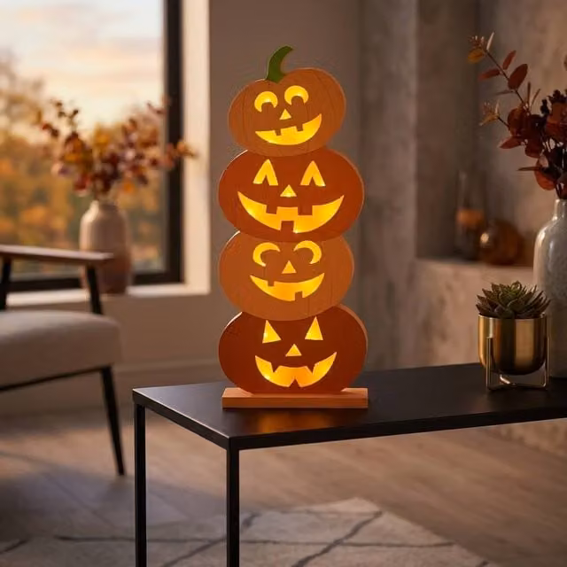 Garden Greatness InLit Pumpkin Stack-o'-Lanterns LED Halloween Tabletop Decor in Orange, White and Multicolour