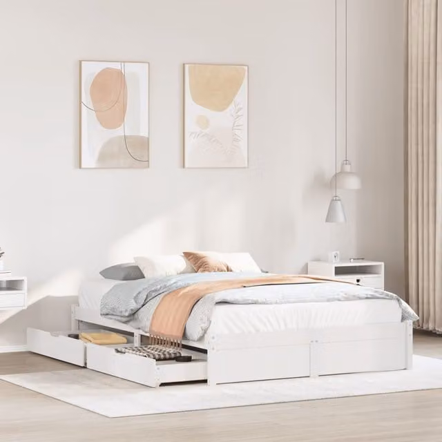 Berkfield Home White Solid Wood Pine Bed Frame with Drawers, W/D/H: 150 x 200 cm