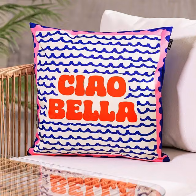 ICON Ciao Bella Print Square Cushion, White, W/D/H: 43 x 43 x 43 cm