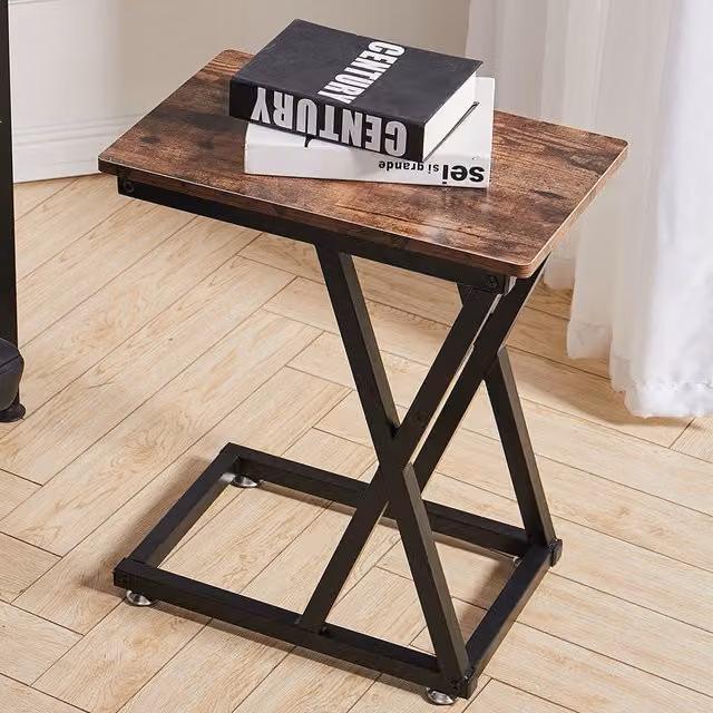Livingandhome Retro C-Shaped Coffee Side Table with Wood and Metal Frame in Brown