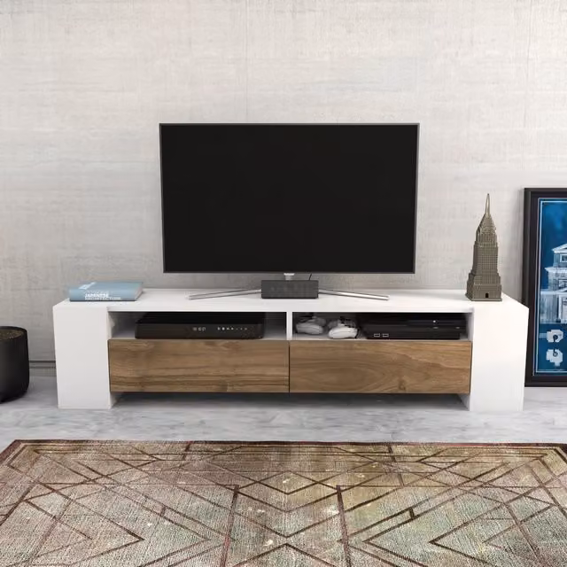 Sosruko Modern TV Unit and Stand for TVs up to 61 inch, White and Walnut