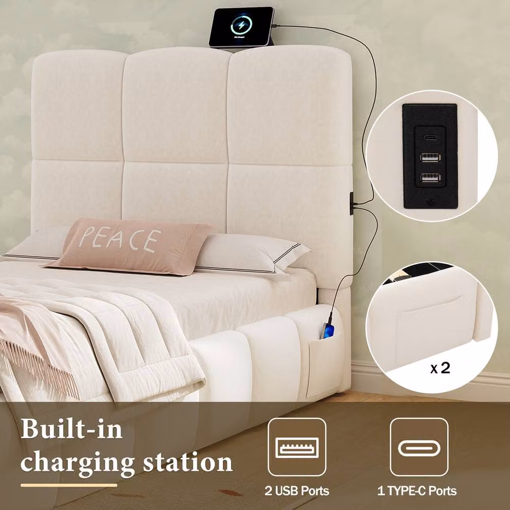 Matteo Upholstered Single Bed in Beige Velvet with Hydraulic Storage and USB Charging Port, W/D/H: 90 x 190 cm – 2