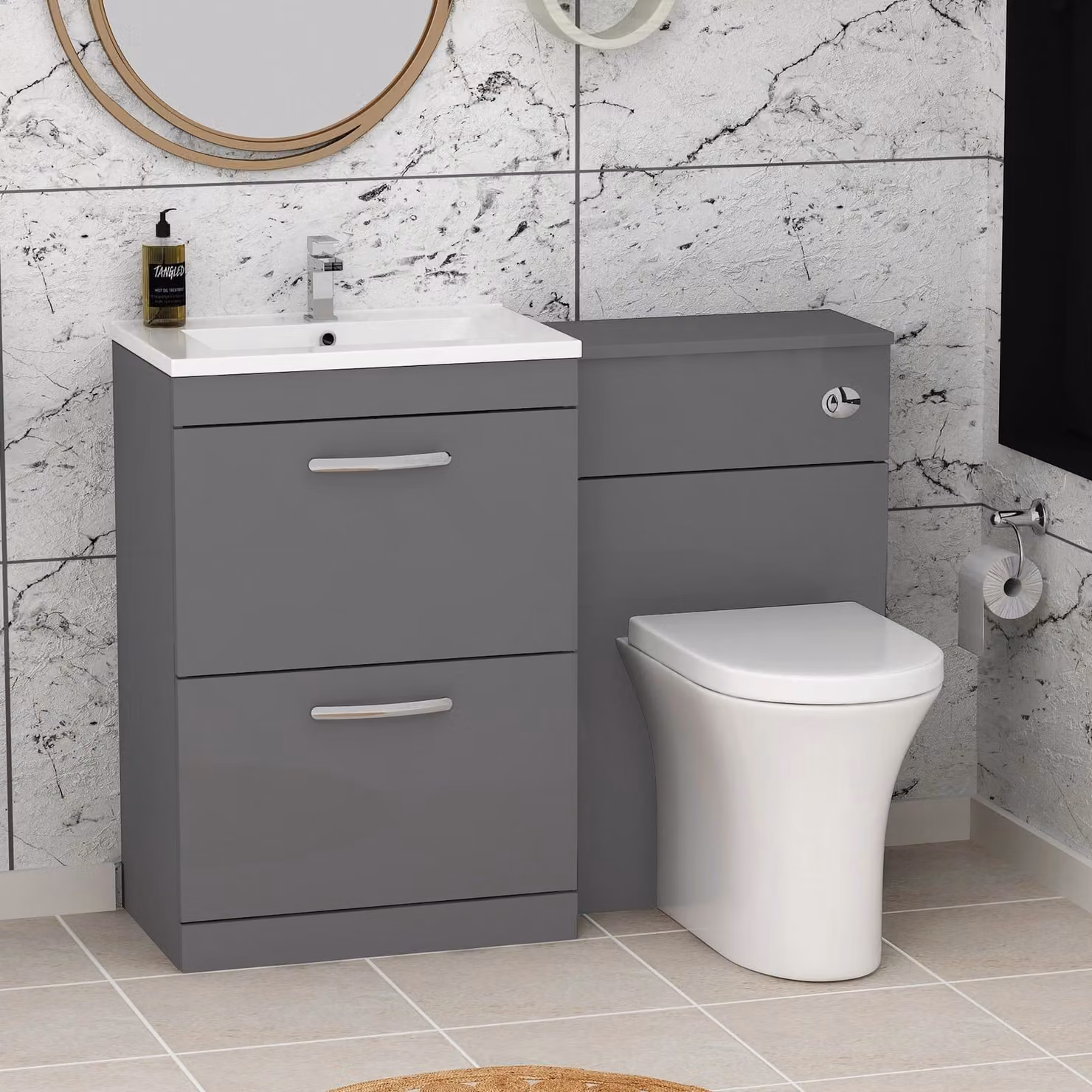 Royal Bathrooms Indigo Grey Gloss 2 Drawer Furniture Pack with Minimalist Basin and Breeze Back to Wall Toilet, Width: 110 cm