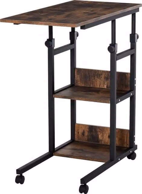 HOMCOM Industrial C-Shaped End Table with 3-Tier Storage, Adjustable Height and Wheels, Brown