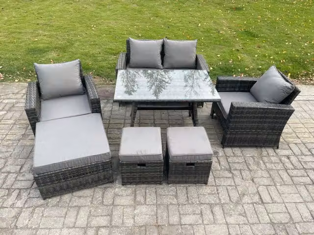 Fimous Rattan Wicker Garden Furniture Set with Rectangular Dining Table, 2 Seater Sofa and Armchairs in Dark Grey