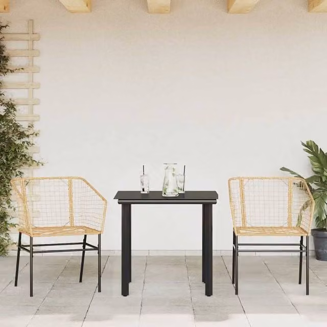 Berkfield Home Beautiful 3 Piece Brown Poly Rattan Garden Dining Set with Glass Top – 1