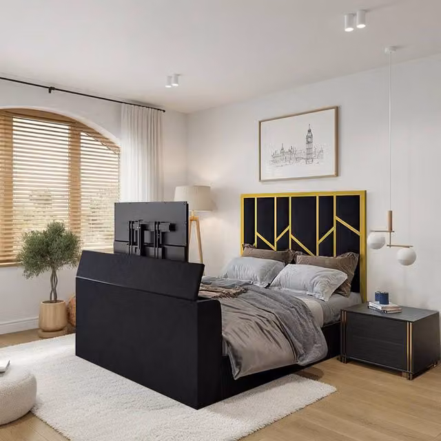 KDMD Aldfield Luxe Upholstered Velvet Television Bed Frame in Gold and Black, Super King Size