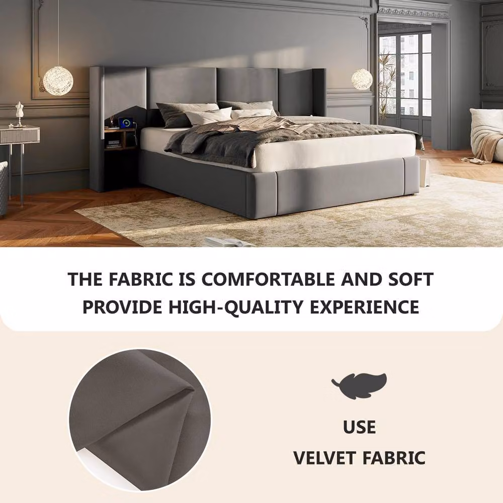 Rolipo Grey Velvet Ottoman King Size Bed Frame with Bedside Tables and USB Charging Ports – 3