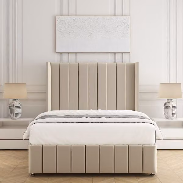 BSSPOKE Zoe Plush Velvet Divan Bed Set with 54 inch Headboard and Mattress in Beige, W/D/H: 180 x 200 cm