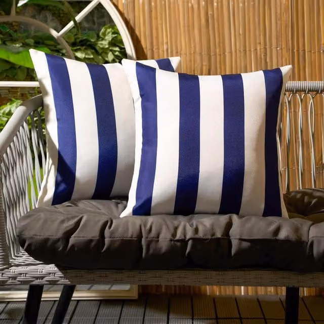 OHS Pack of 2 Navy and White Striped Outdoor Square Cushion Covers with Stain Repellent Fabric
