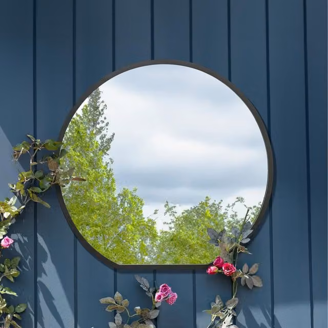 MirrorOutlet Circulus Modern Round Black Metal Garden Wall Mirror, Diameter: 80 cm