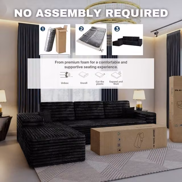 Sliding Wardrobes 4U Smart Left Corner Sofa in Black, Modern L-Shape Upholstered Fabric Design with Scatter Cushions Included – 1
