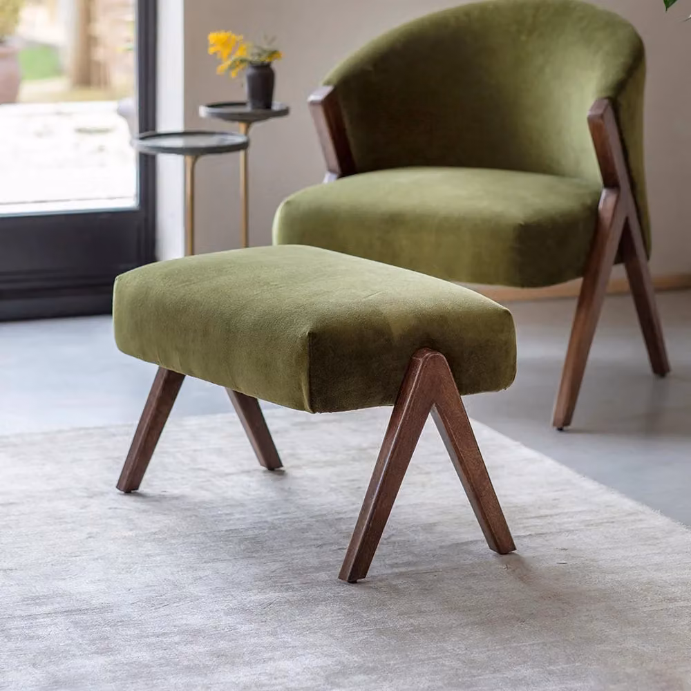 Atkin & Thyme Scoop Mid-Century Footstool in Green Velvet