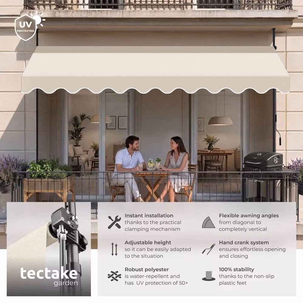 tectake Height Adjustable Awning with Hand Crank in Beige, W: 350 cm, D: 180 cm – 2