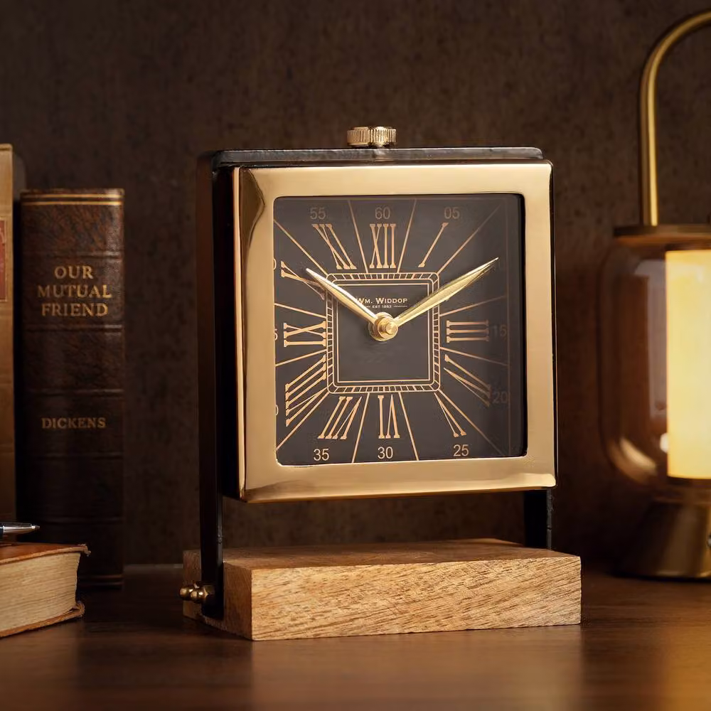 William Widdop Vintage Analog Quartz Table Clock on Stand in Gold and Black, W/D/H: 19.5 x 16.0 x 9.0 cm – 2