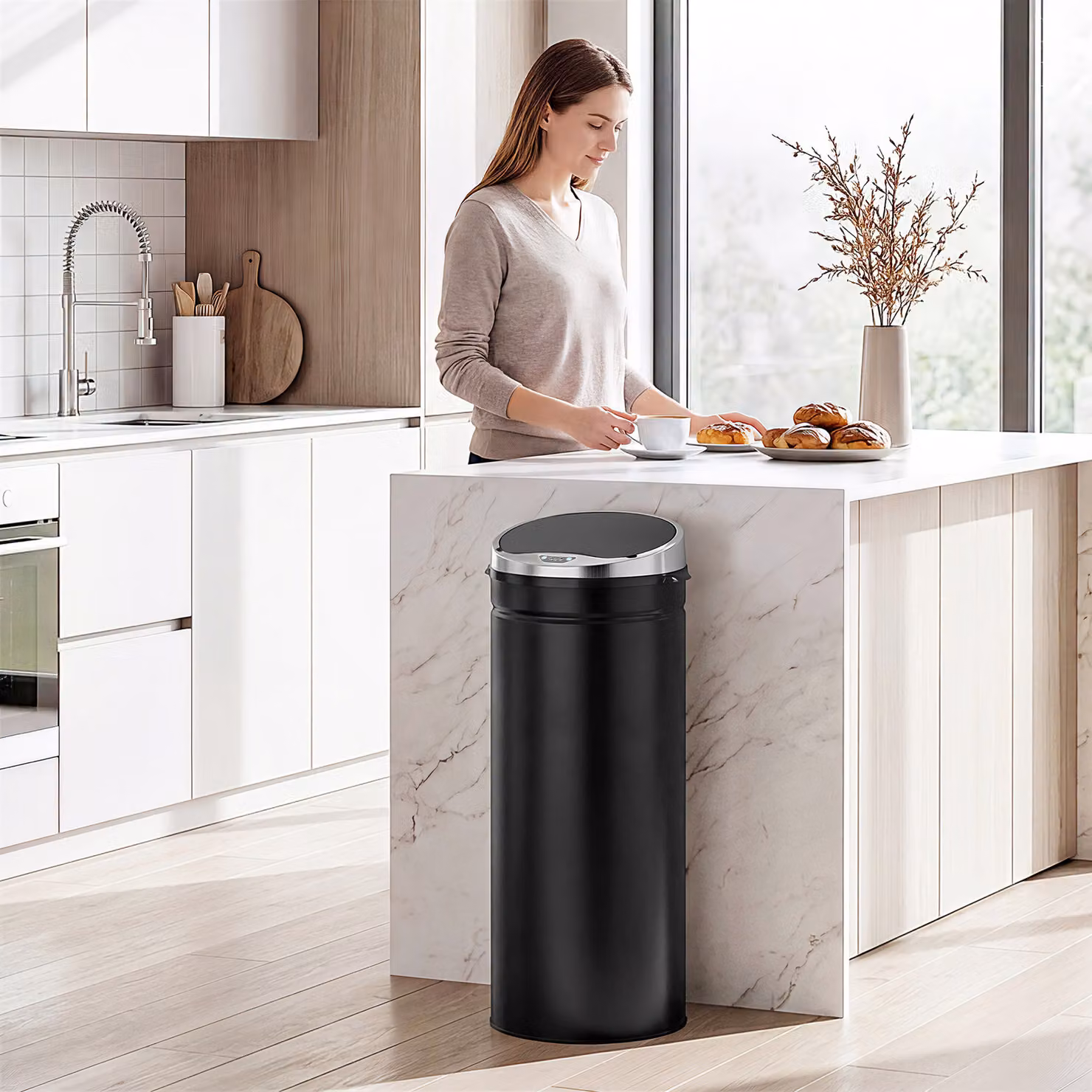 HOMCOM 50L Automatic Motion Sensor Rubbish Bin in Black Stainless Steel, W: 30.5 cm, D: 42.1 cm, H: 81.5 cm – 2