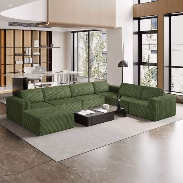 Dprodo Green Corduroy Modular 6 Seater L-Shape Corner Sofa with Matching Ottoman and Removable Covers – 1