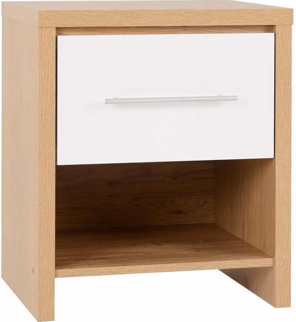FORGEVIO White Gloss and Light Oak 1 Drawer Bedside Cabinet, W/D/H: 38.5 x 18.5 x 40.5 cm