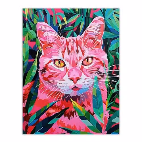 Artery8 Cat Lover Pet in Fronds Psychedelic Pink and Green Abstract Wall Art Poster Print on Thick Paper, W: 45.7 cm x H: 61.0 cm – 1